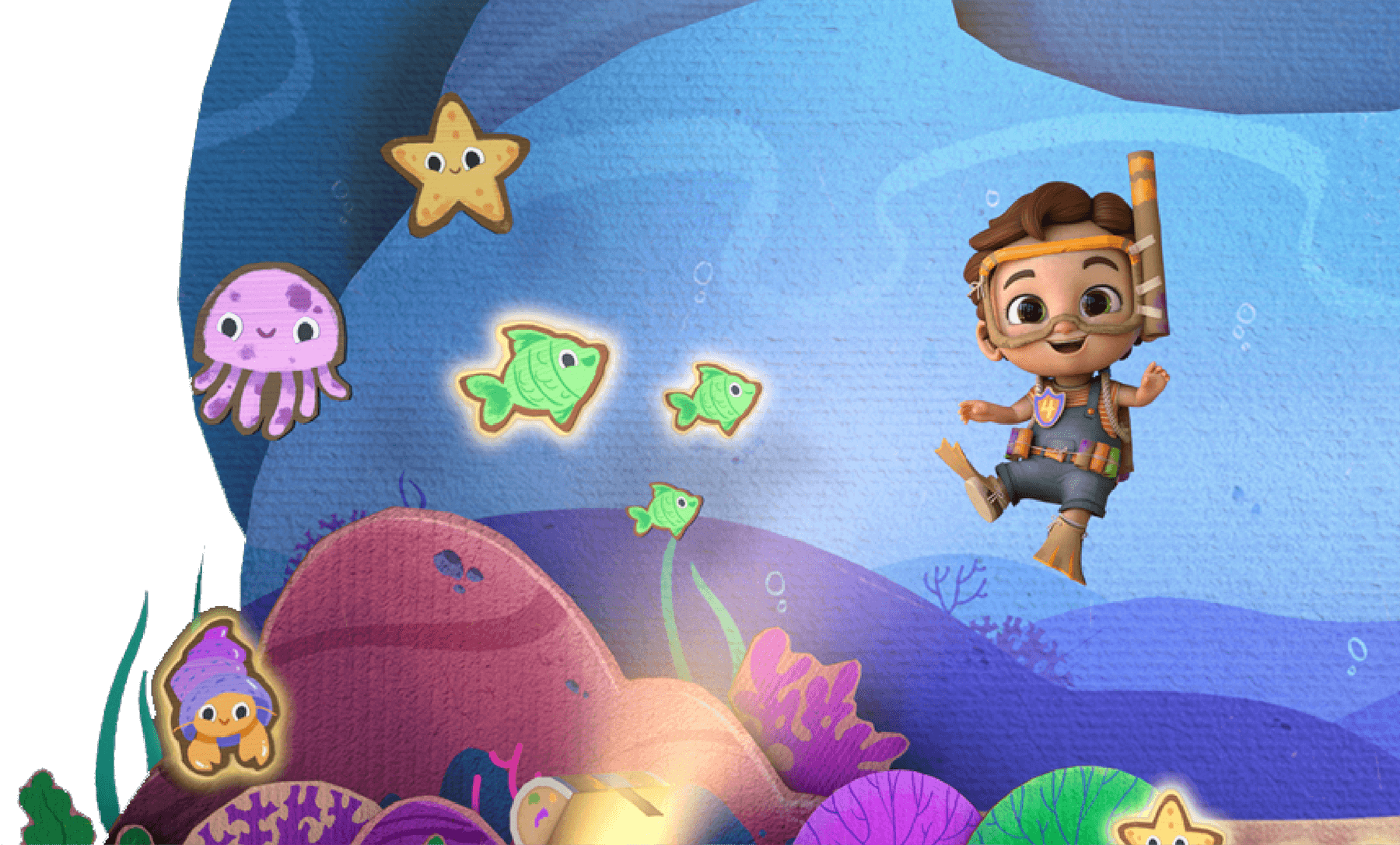 Pentacel® mascot swimming underwater with fishes